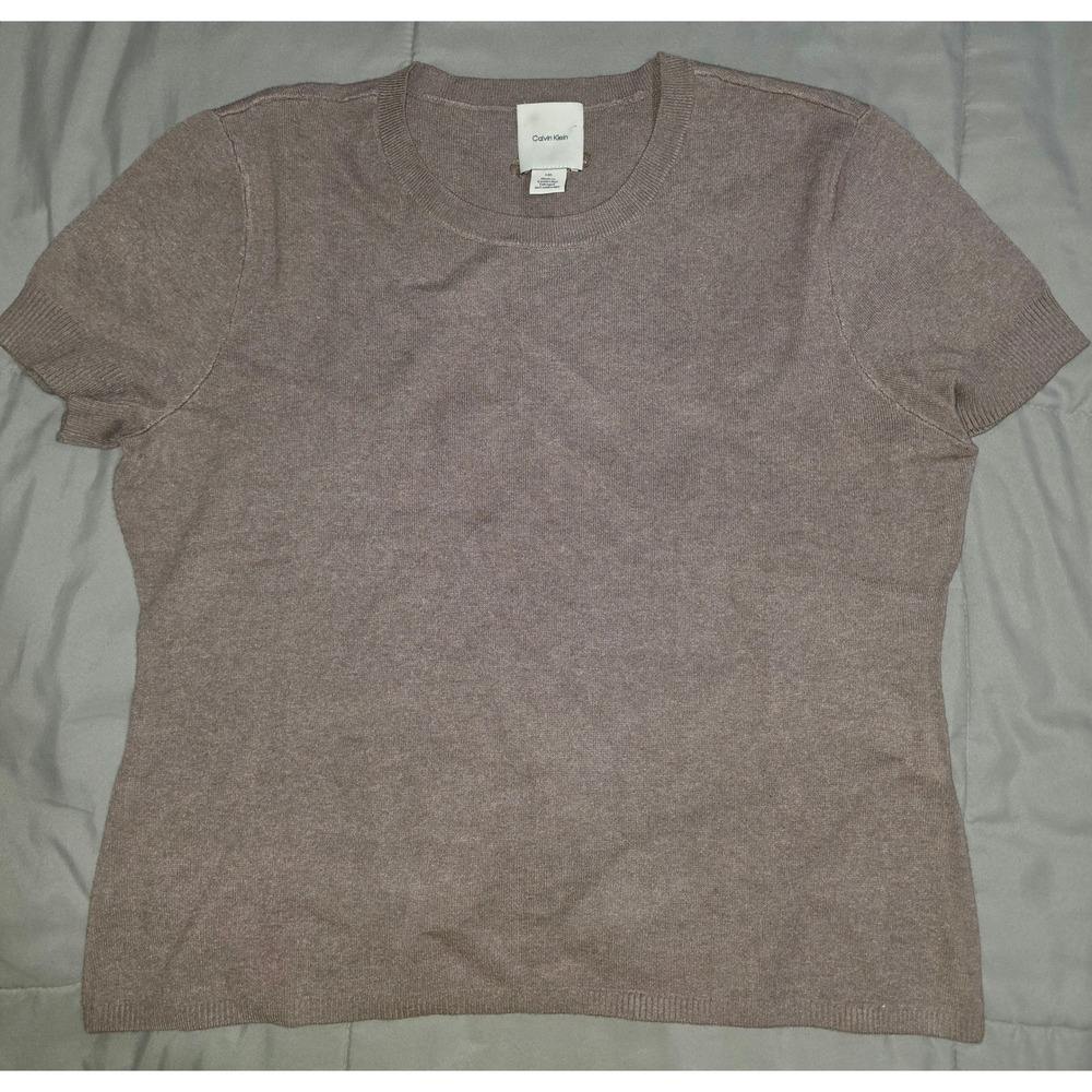 Calvin Klein Womens Short Sleeve Knit Sweater Taupe Mauve CrewNeck Large 44D388G
